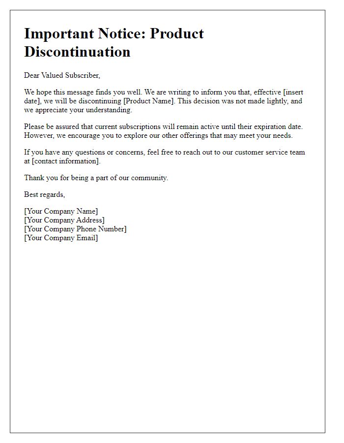 Letter template of product discontinuation reminder for subscription users