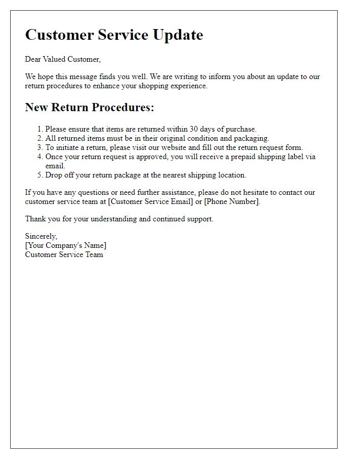 Letter template of Customer Service Update on Return Procedures