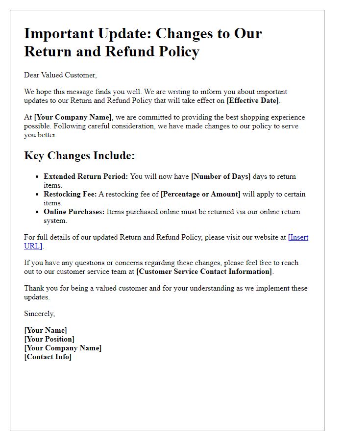 Letter template of Notification of Return and Refund Policy Changes