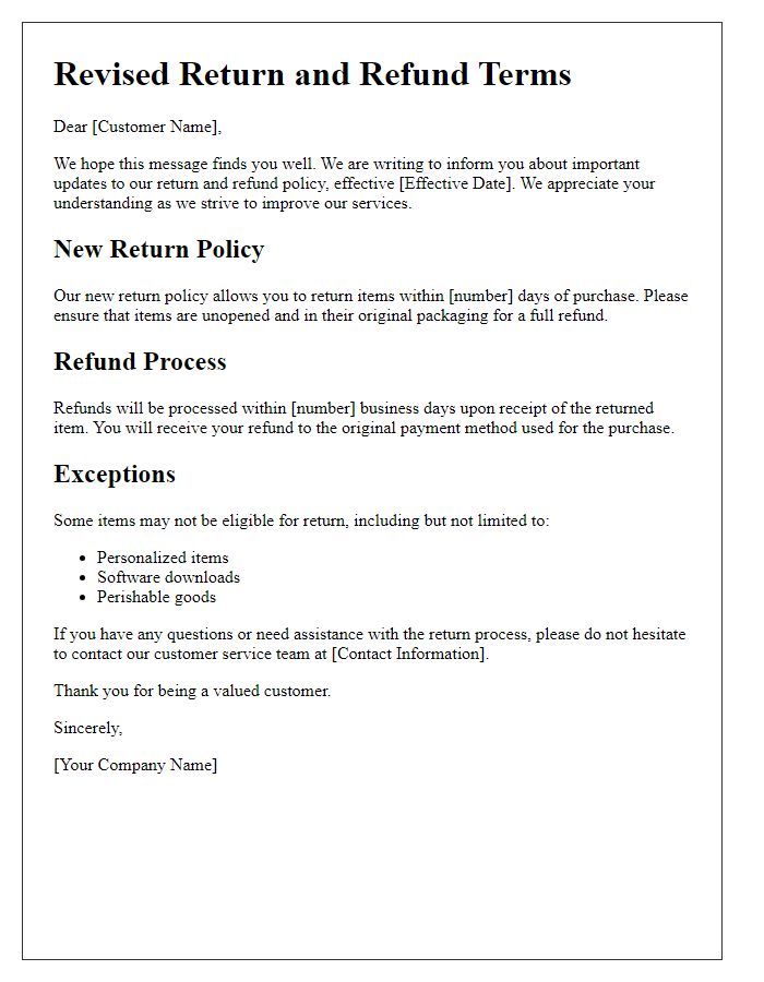 Letter template of Revised Return and Refund Terms for Purchases