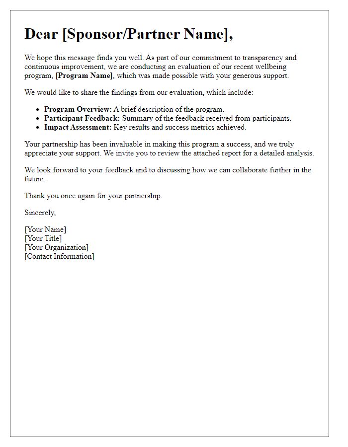 Letter template of freelance wellbeing program evaluation for sponsors and partners.