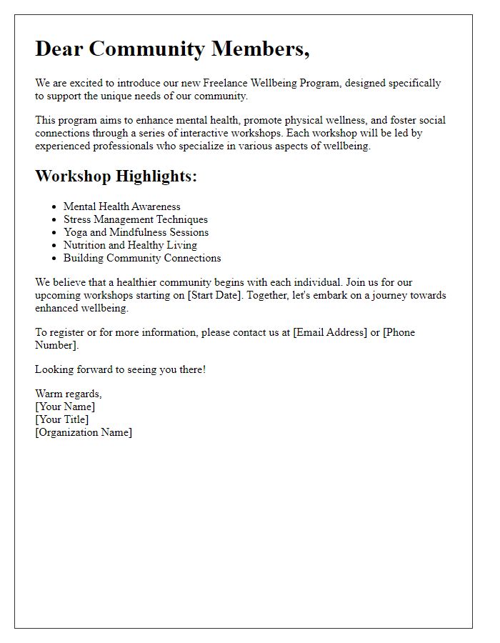 Letter template of freelance wellbeing program introduction for community workshops.