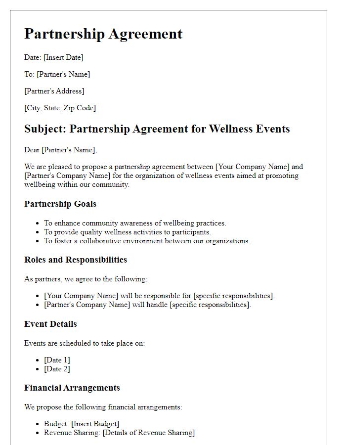 Letter template of freelance wellbeing program partnership agreements for wellness events.