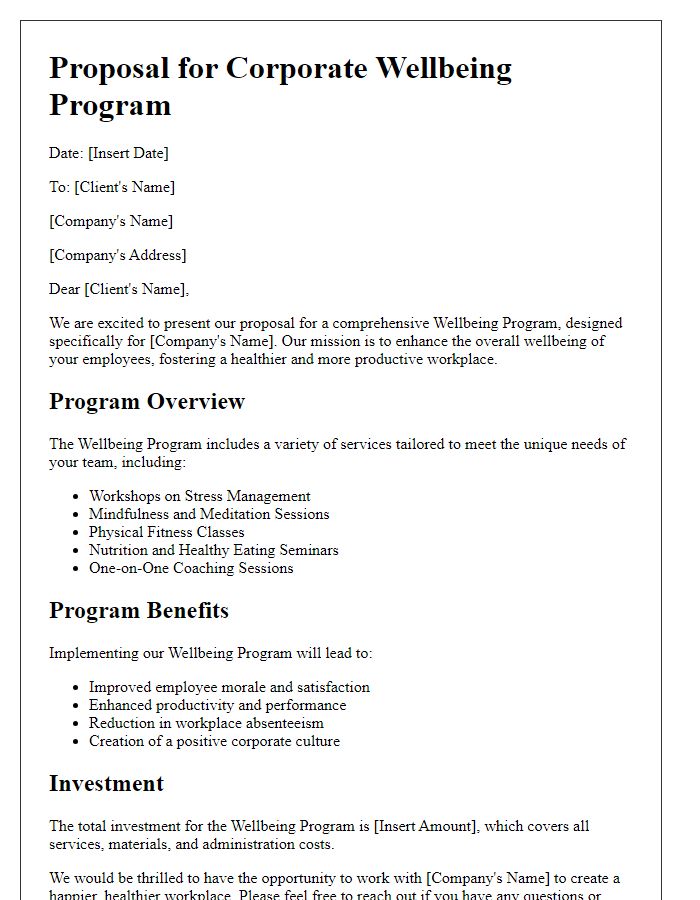 Letter template of freelance wellbeing program proposal for corporate clients.