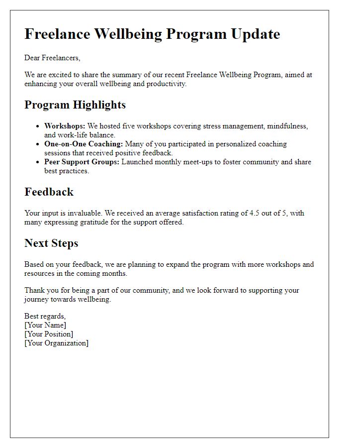 Letter template of freelance wellbeing program summary for newsletter updates.