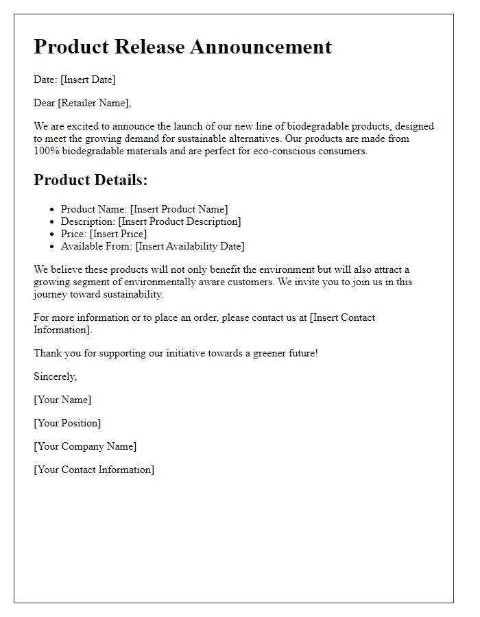 Letter template of biodegradable product release for retailers