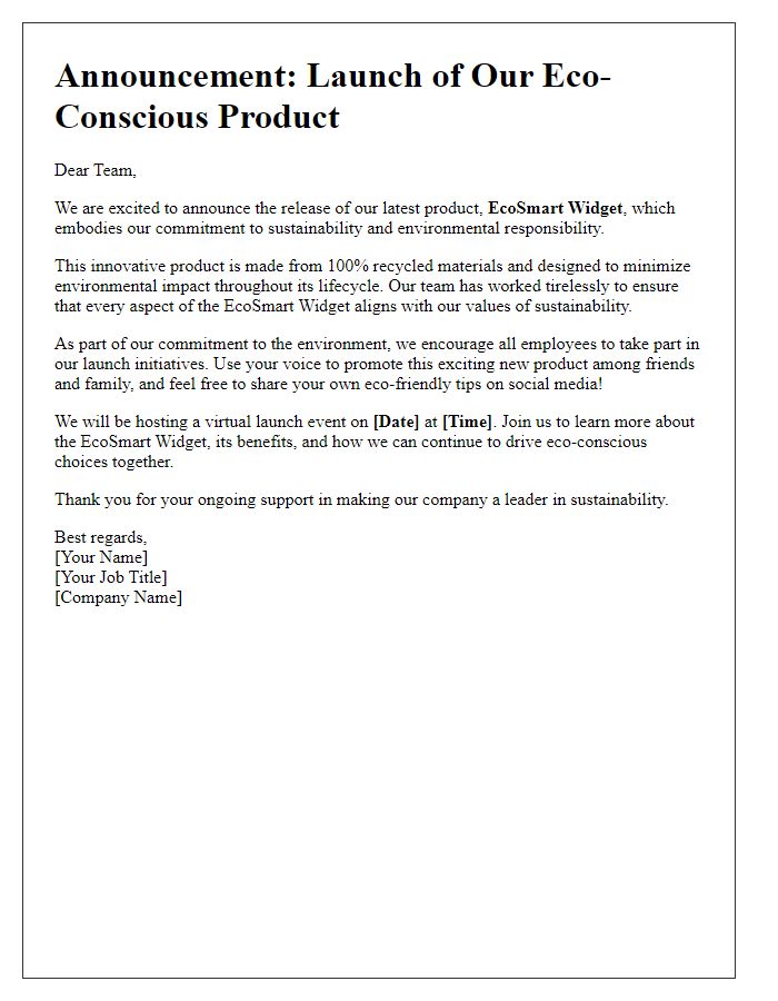 Letter template of eco-conscious product release to employees