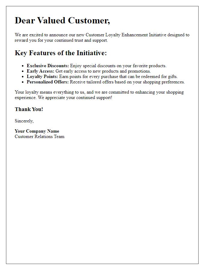 Letter template of detailing the customer loyalty enhancement initiative