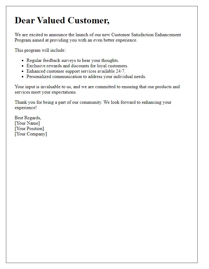 Letter template of introducing the customer satisfaction enhancement program