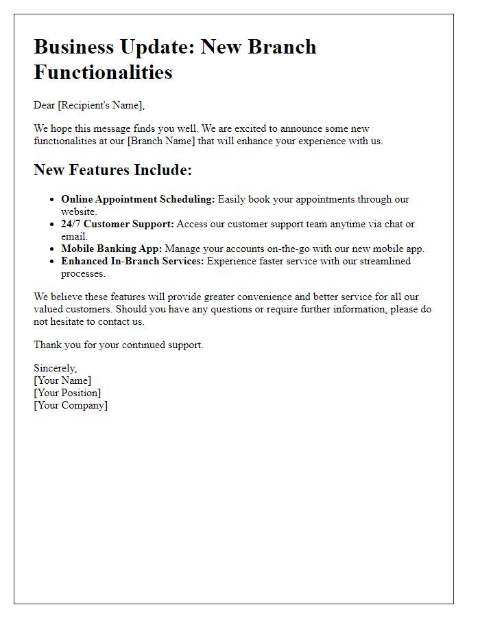 Letter template of business update highlighting new branch functionalities