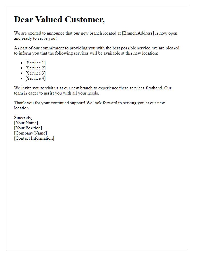 Letter template of customer notification for new branch services availability