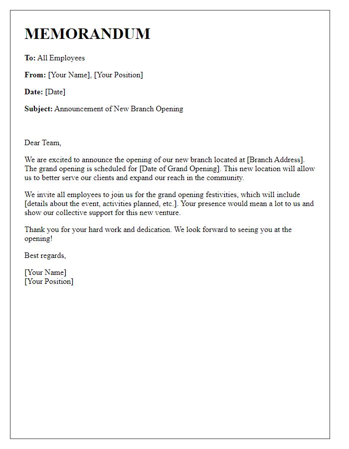 Letter template of employee memo about the opening of a new branch