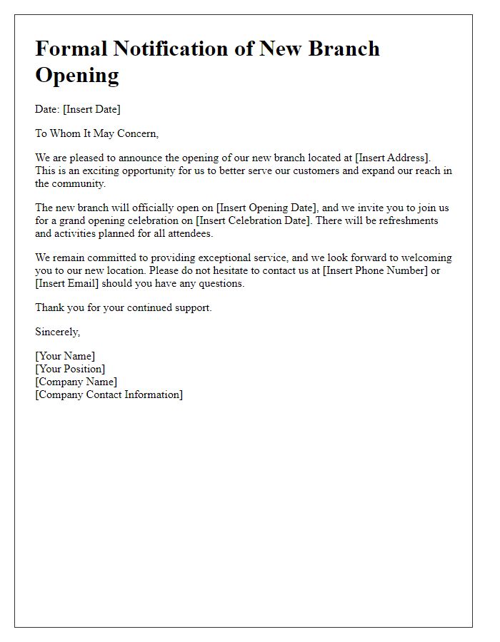 Letter template of formal notification about the new branch opening