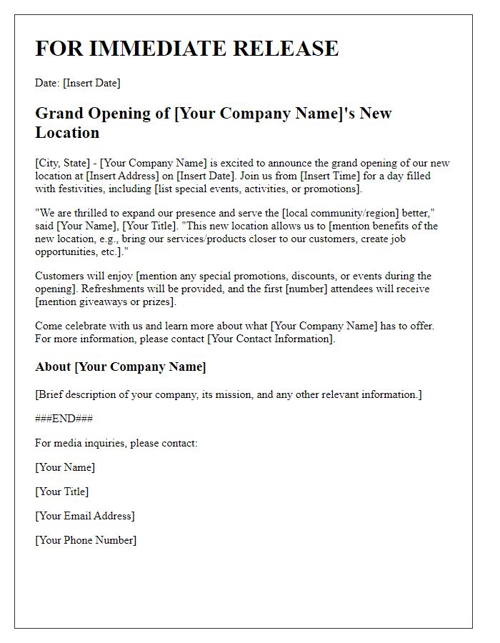 Letter template of press release for the grand opening of our new location