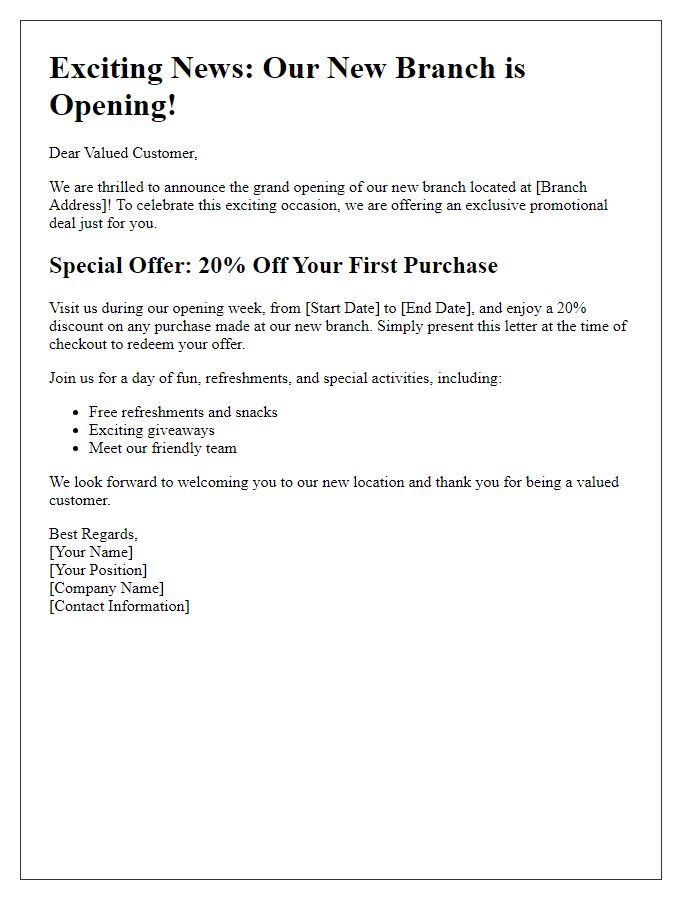 Letter template of promotional offer connected to the new branch opening