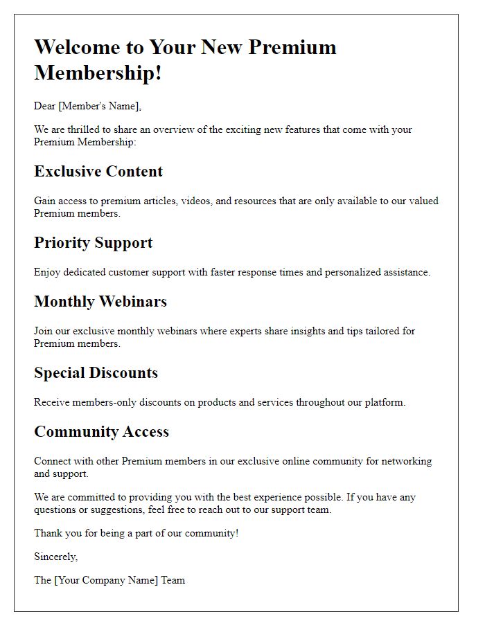 Letter template of new premium membership features overview