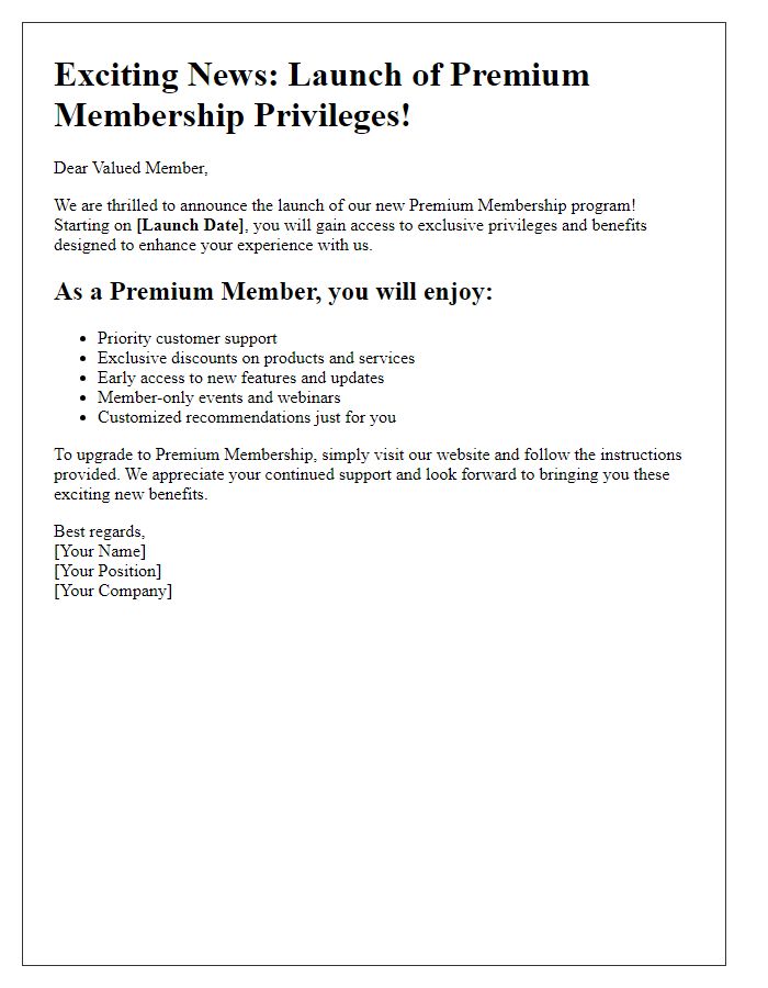 Letter template of premium membership privileges launch