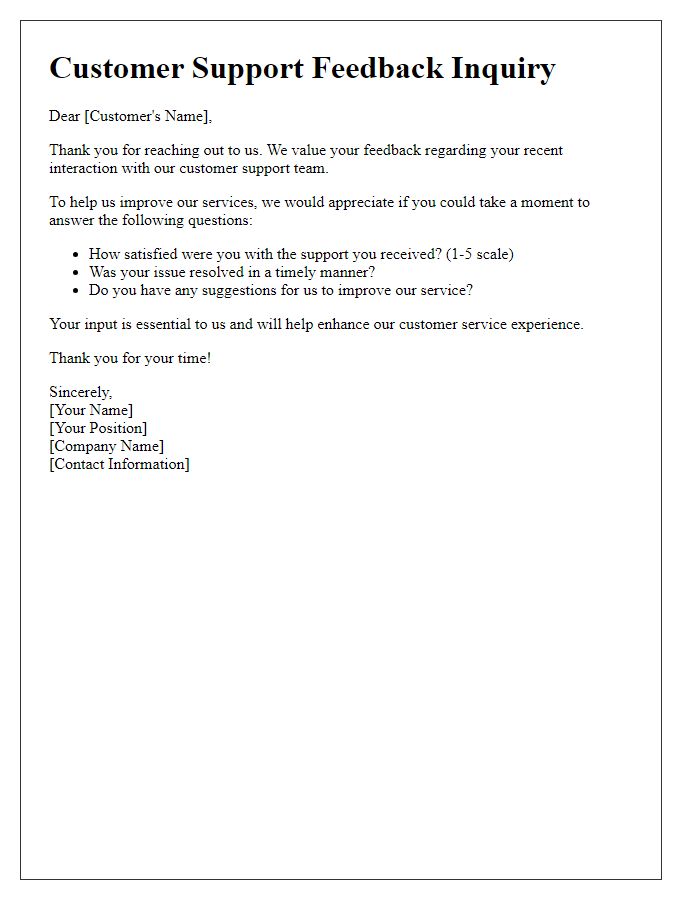 Letter template of customer support feedback inquiry