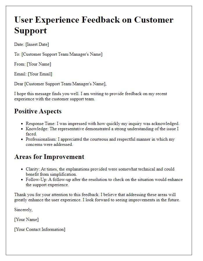 Letter template of user experience feedback on customer support