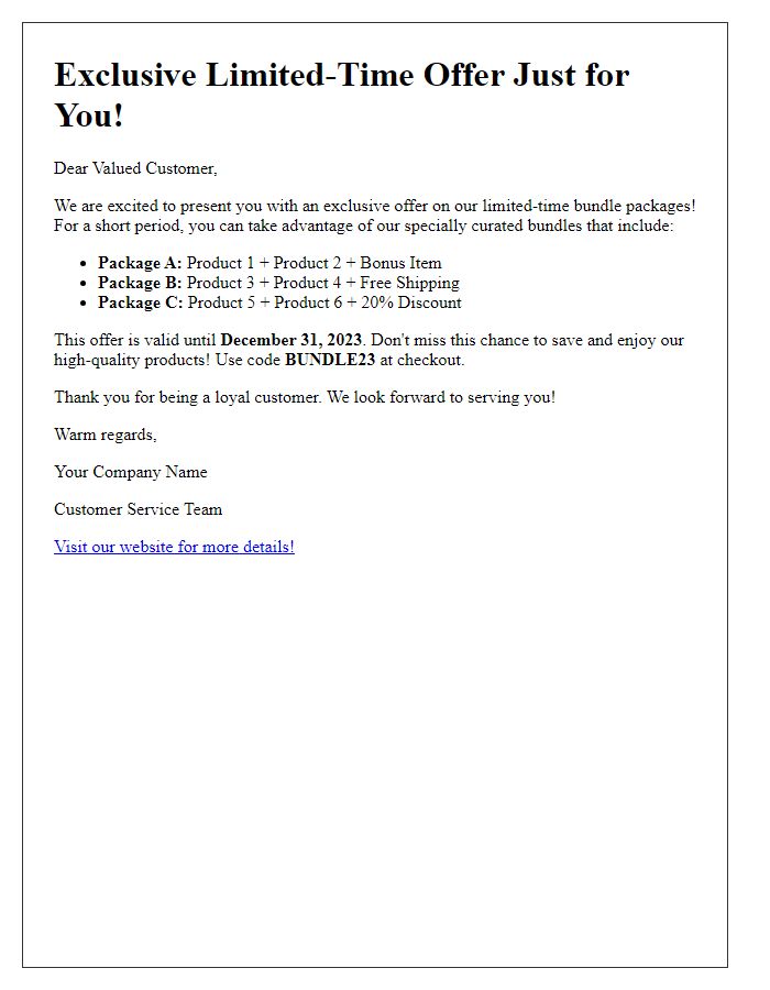 Letter template of exclusive offer for limited-time bundle packages