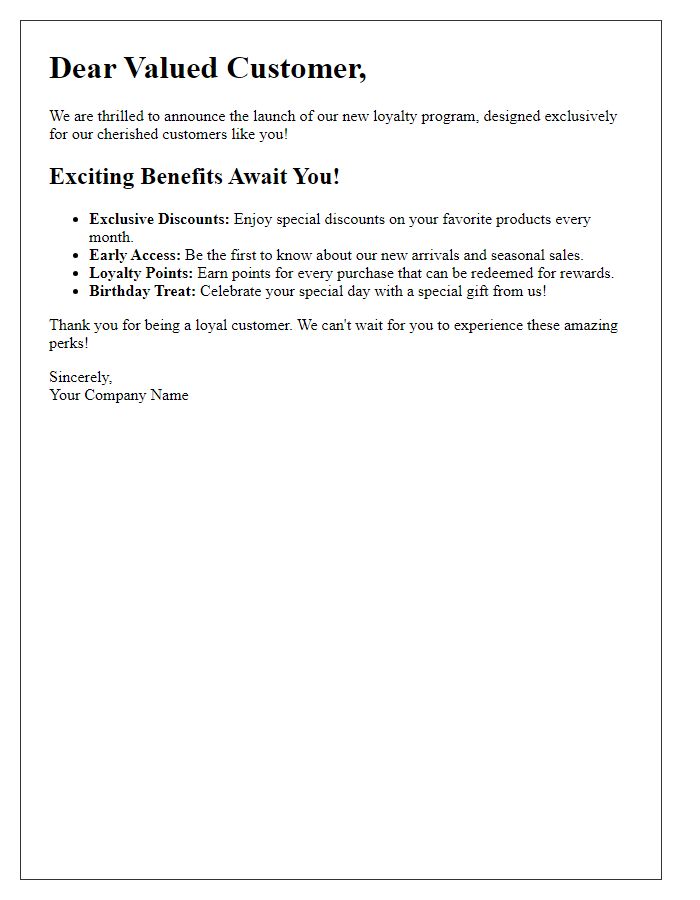 Letter template of exciting loyalty perks introduction