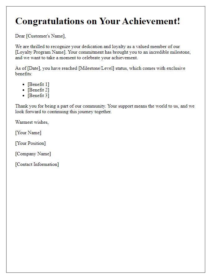 Letter template of loyalty program achievement recognition