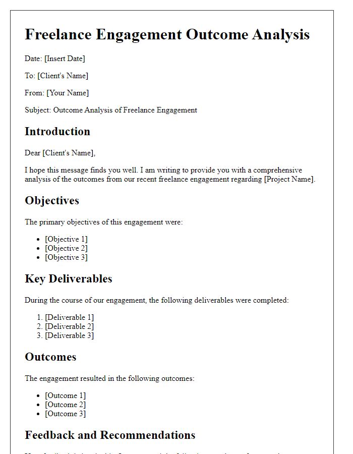 Letter template of freelance engagement outcome analysis.