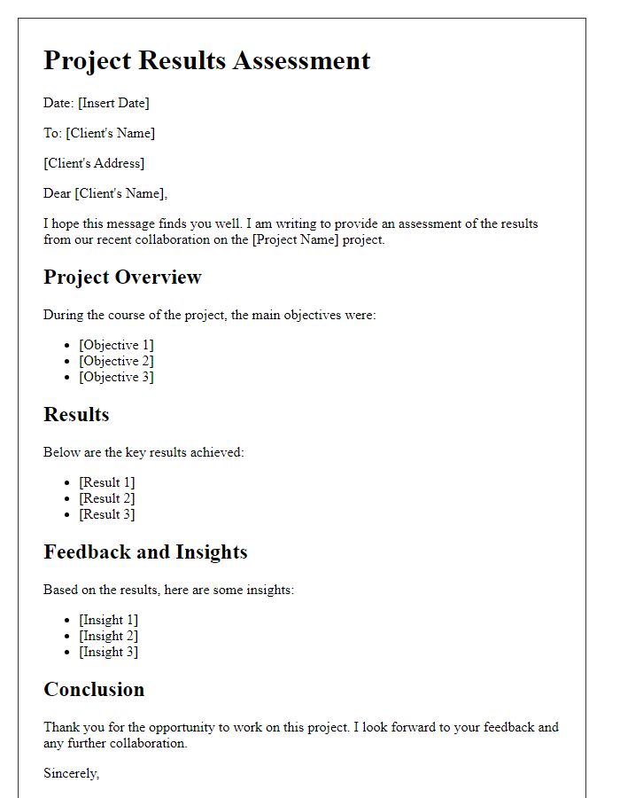 Letter template of freelance project results assessment.