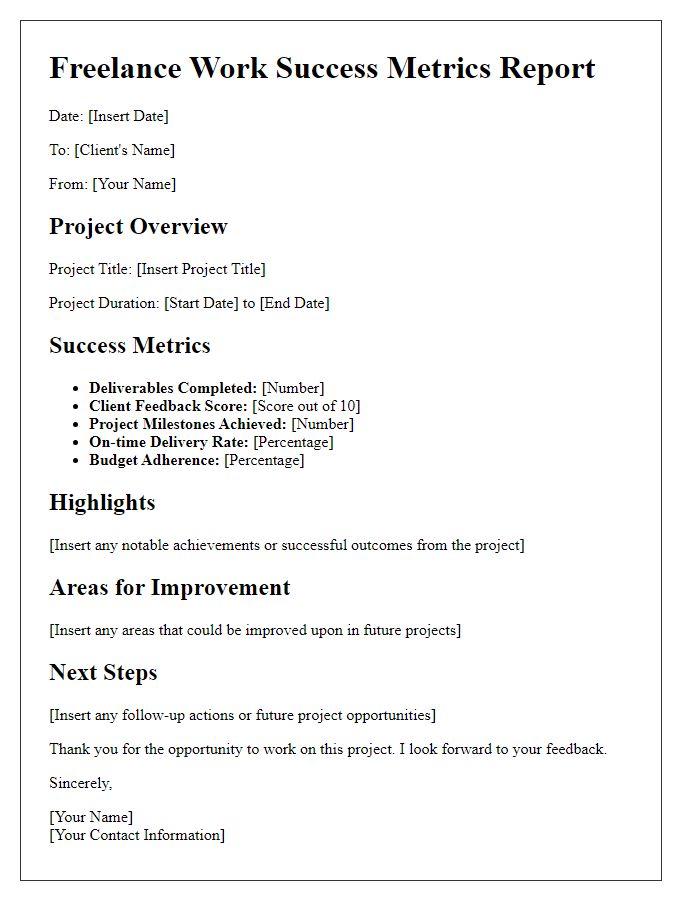 Letter template of freelance work success metrics report.