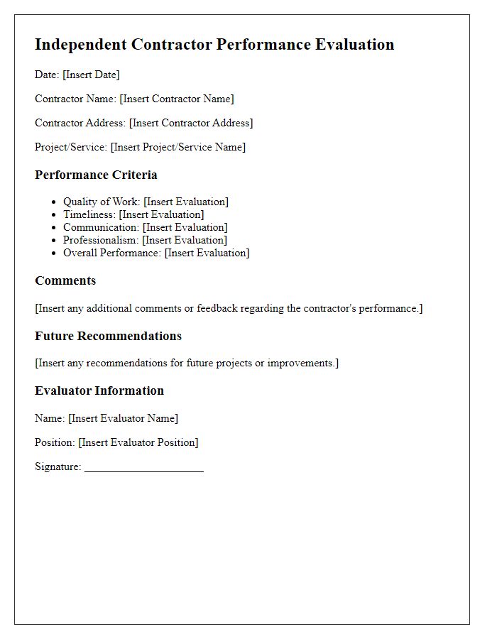 Letter template of independent contractor performance evaluation.