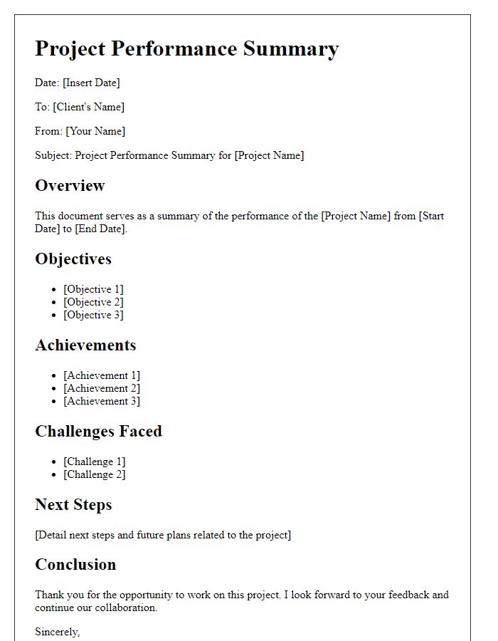 Letter template of self-employed project performance summary.