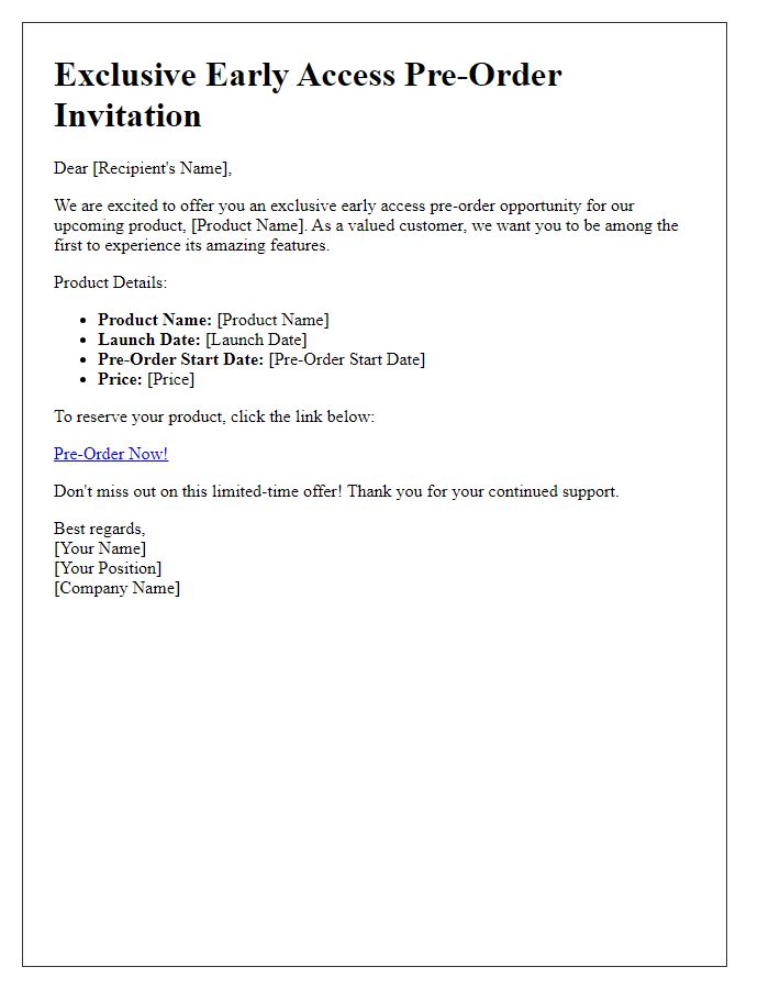 Letter template of early access pre-order invitation