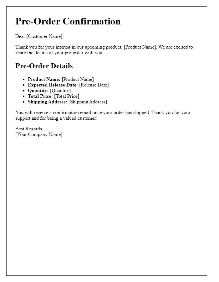 Letter template of pre-order details for upcoming product