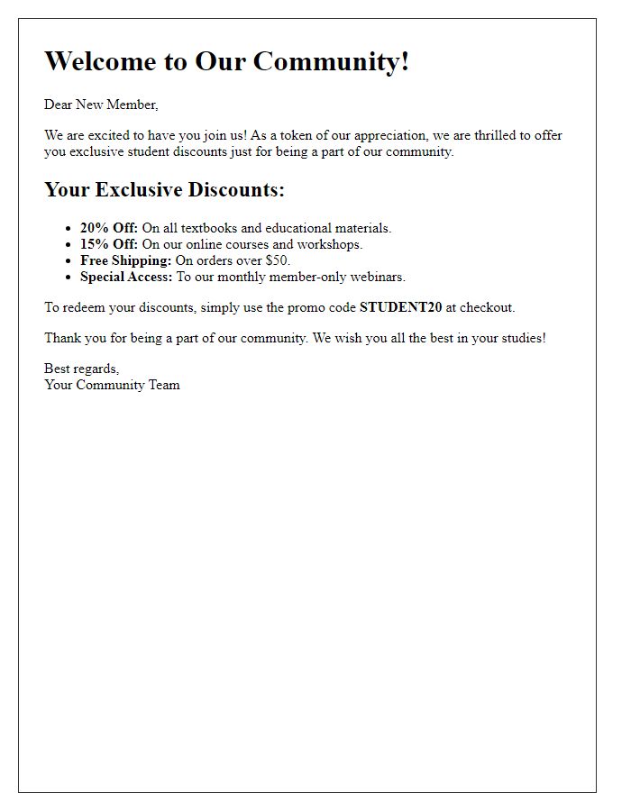 Letter template of exclusive student discount offers for new members.