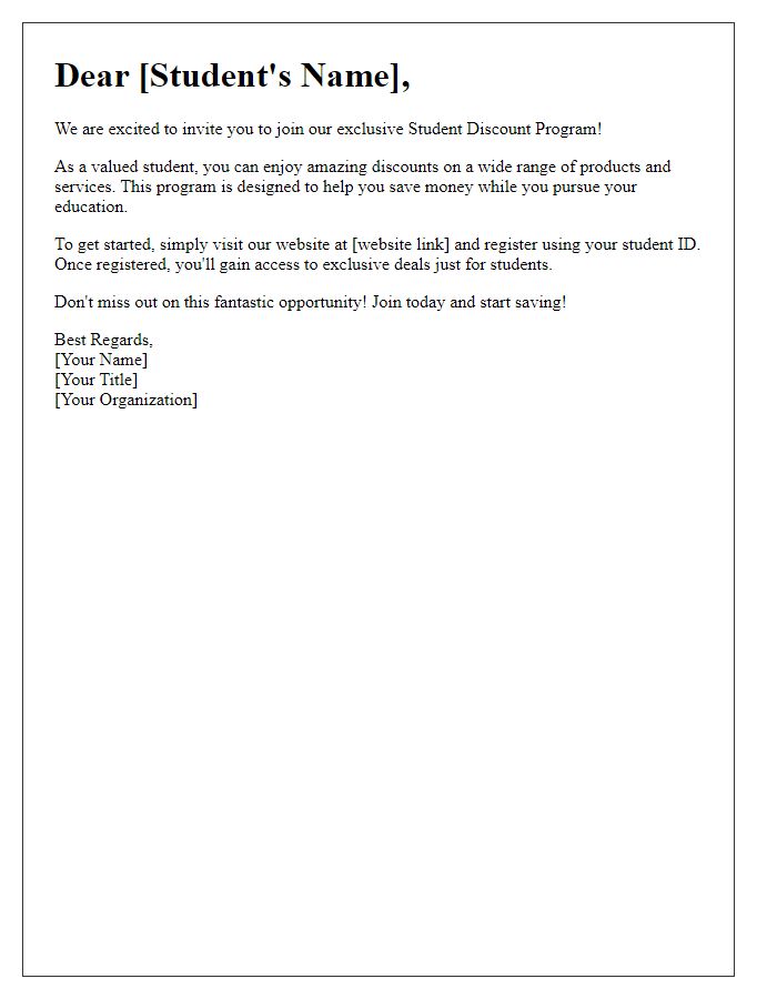 Letter template of invitation to join the student discount program.