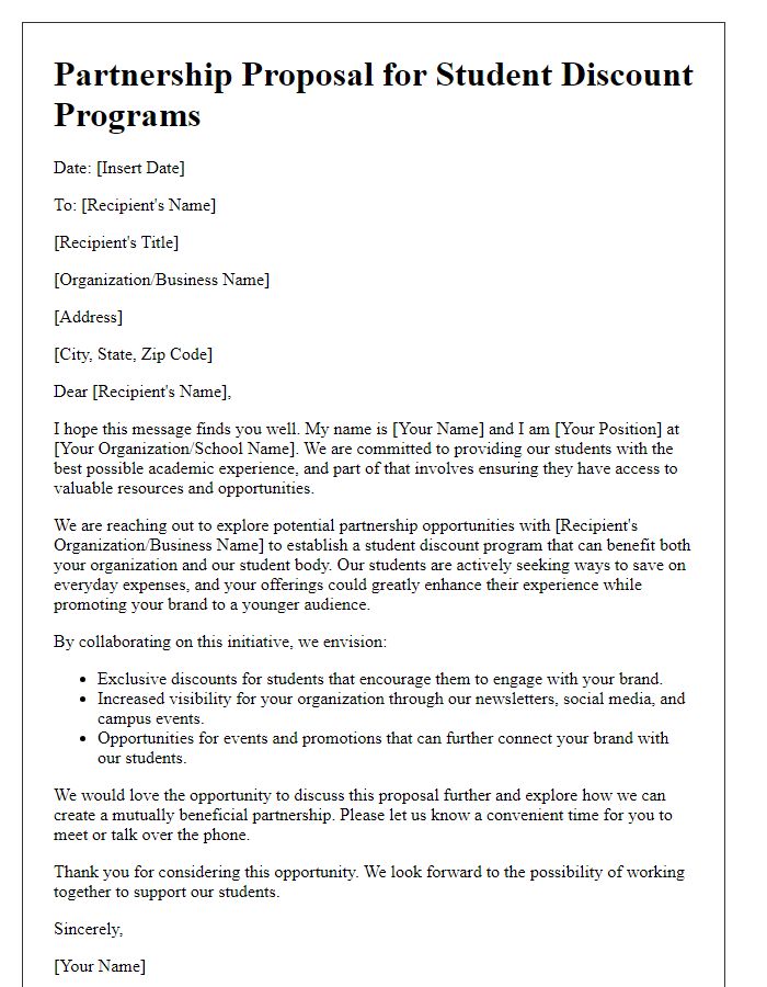 Letter template of partnership opportunities for student discount programs.