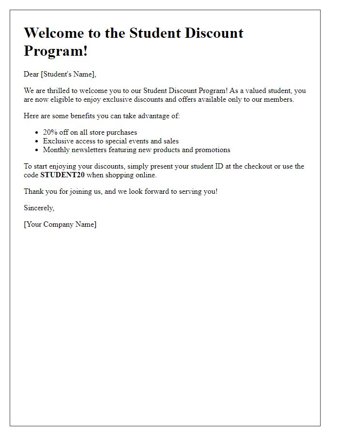 Letter template of welcome to the student discount program.