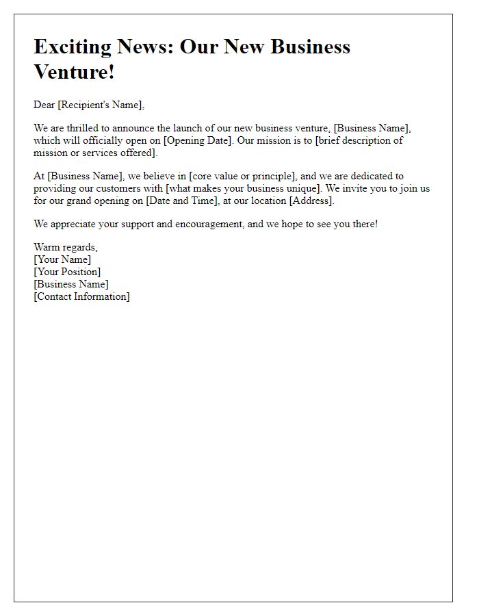 Letter template of announcement for a new business venture.