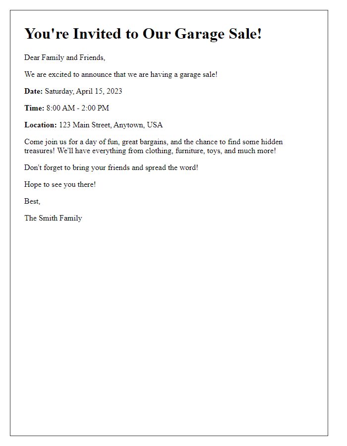 Letter template of family and friends sale invitation for a garage sale.