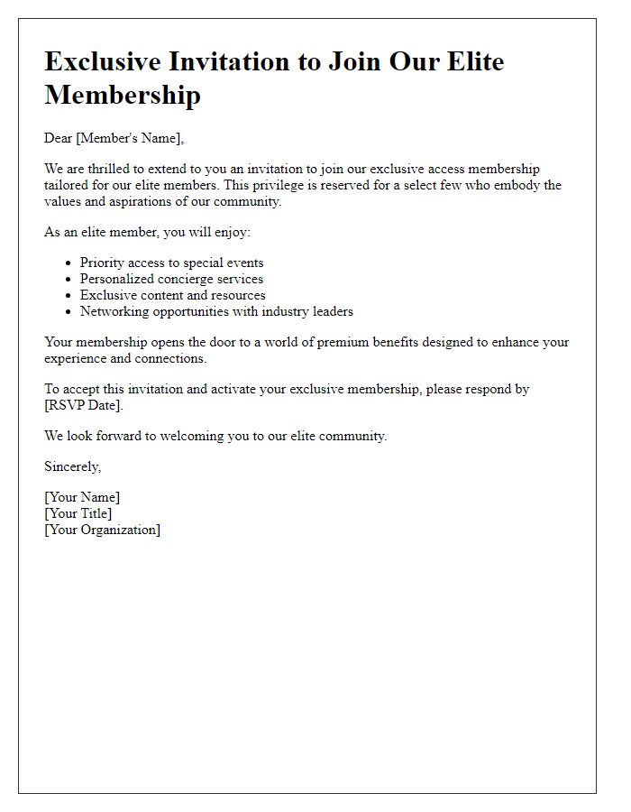 Letter template of exclusive access membership invite for elite members