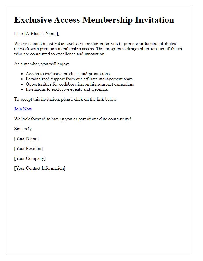 Letter template of exclusive access membership invite for influential affiliates