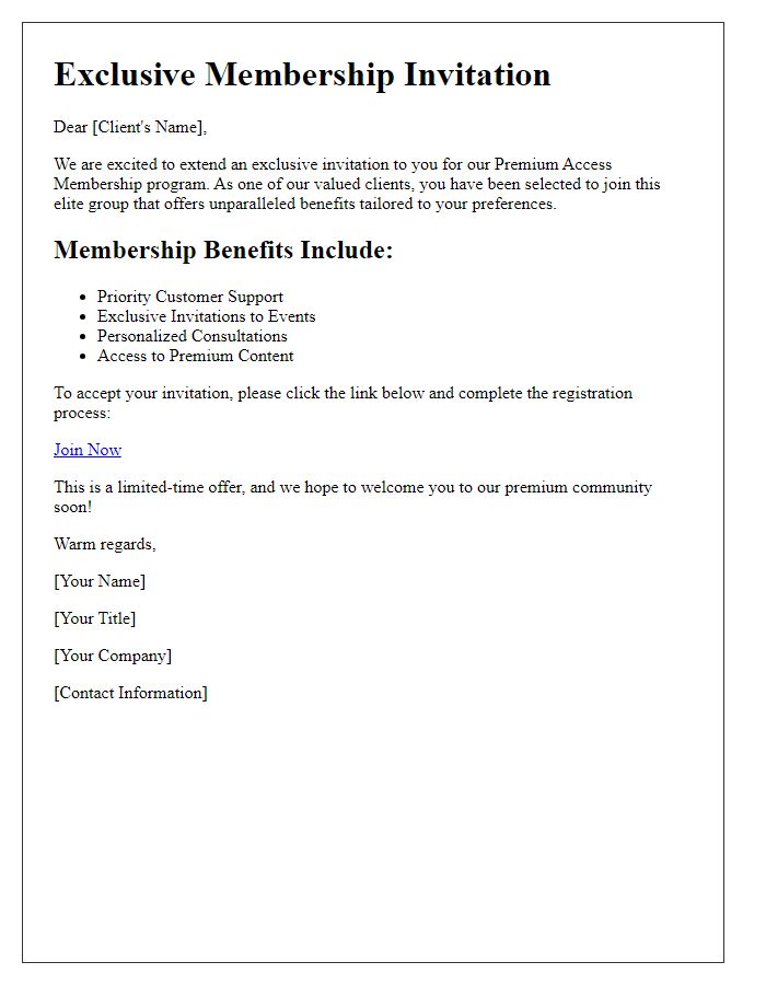 Letter template of exclusive access membership invite for premium clients