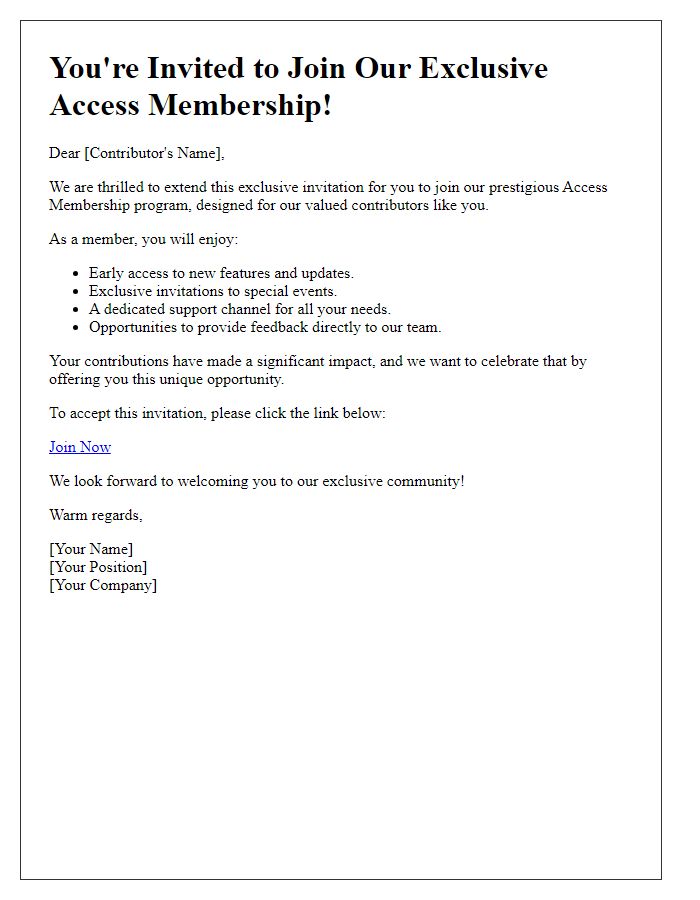 Letter template of exclusive access membership invite for special contributors