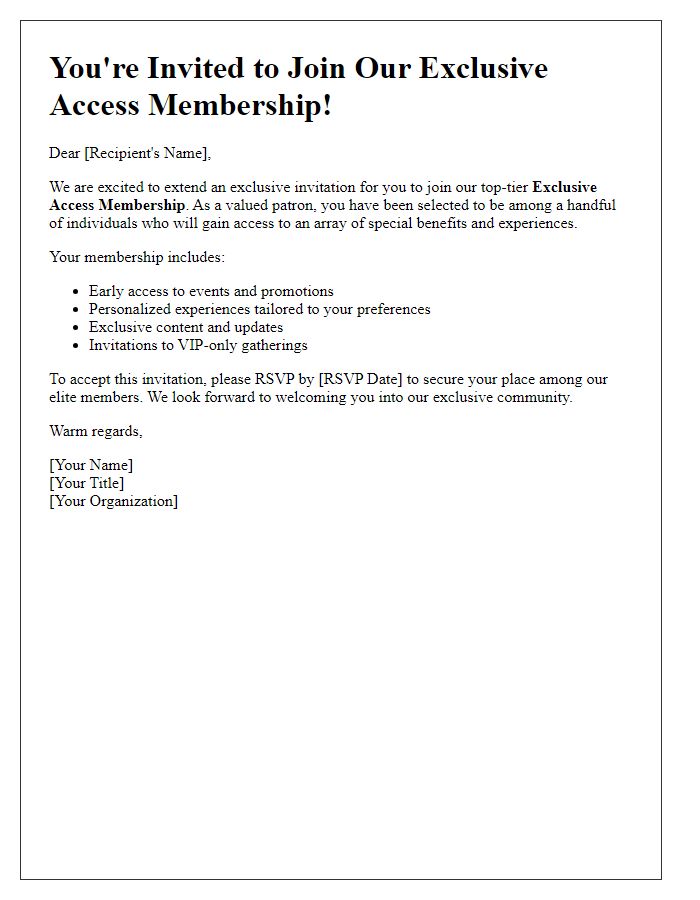 Letter template of exclusive access membership invite for top-tier patrons