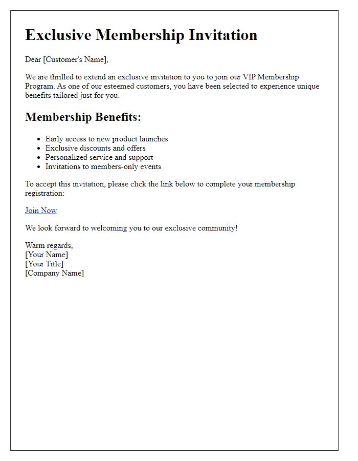 Letter template of exclusive access membership invite for VIP customers