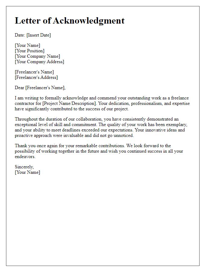 Letter template of acknowledgment for freelance contractor excellence