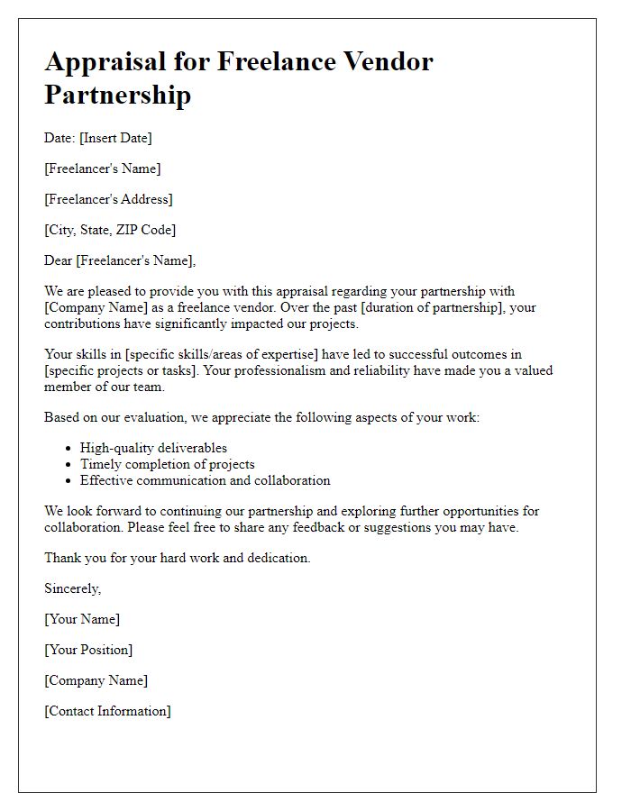 Letter template of appraisal for freelance vendor partnership