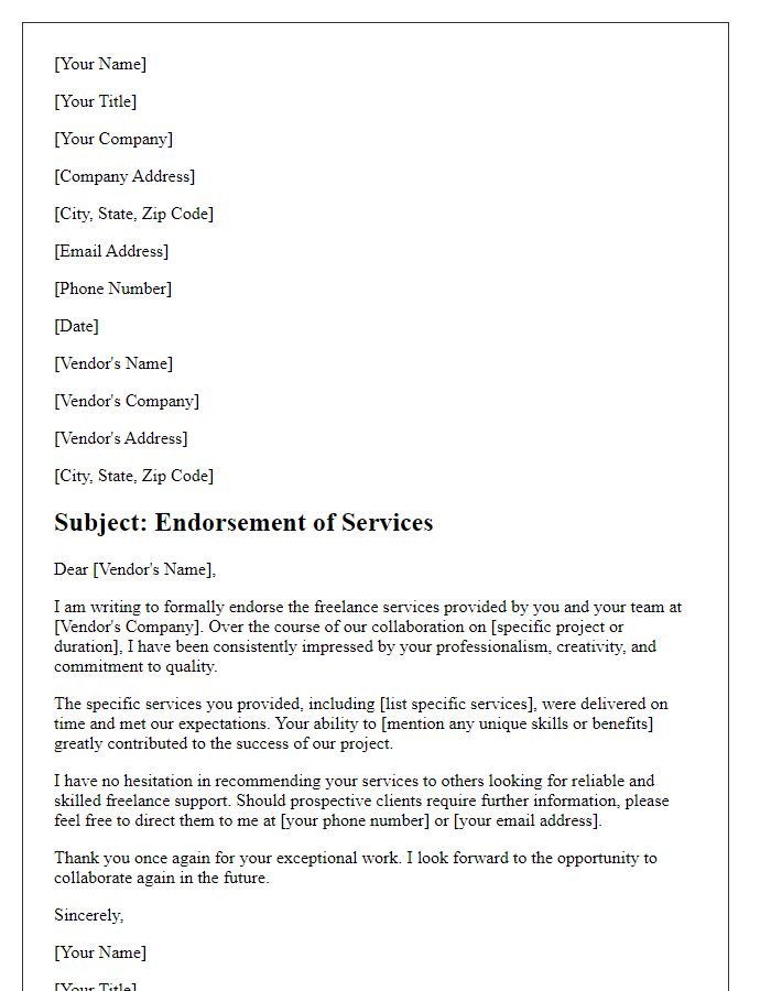 Letter template of endorsement for freelance vendor services