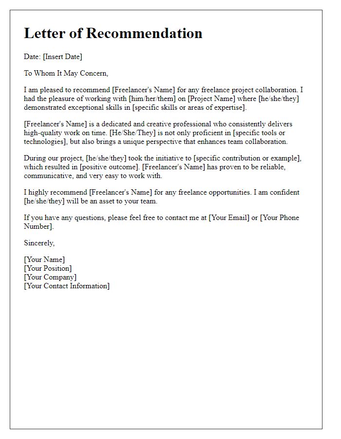 Letter template of recommendation for freelance project collaboration