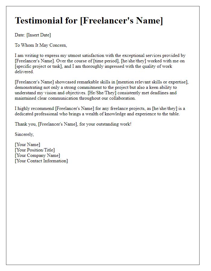 Letter template of testimonial for independent freelance expert